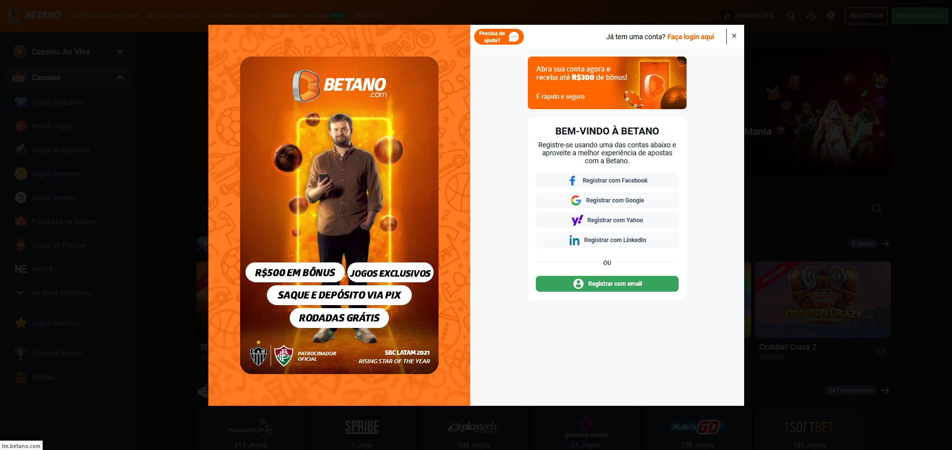 Registro no casino online Betano